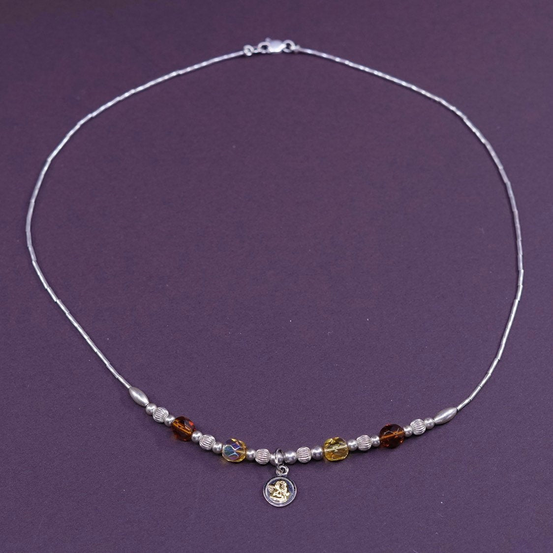 16”, Sterling silver necklace, 925 liquid chain w/ amber beads N angle pendant