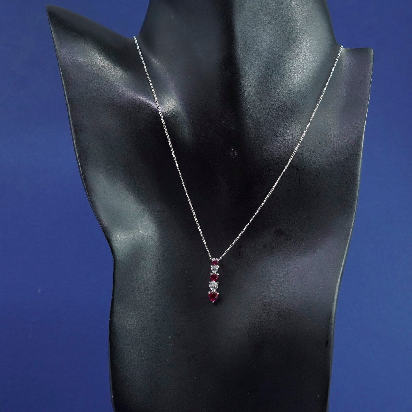 16”, 1mm, vintage Sterling silver necklace, 925 curb chain ruby Crystal pendant