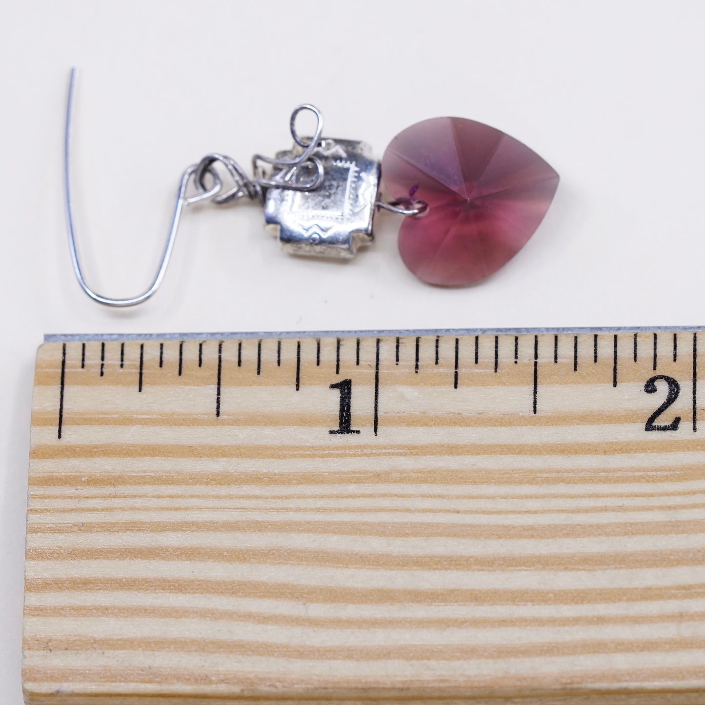 Vintage Sterling 925 silver handmade earrings with heart pink crystal