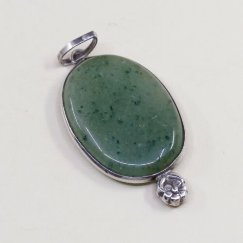 Vtg Sterling Silver Handmade Pendant solid 925 silver w/ Oval jade N Flowrt