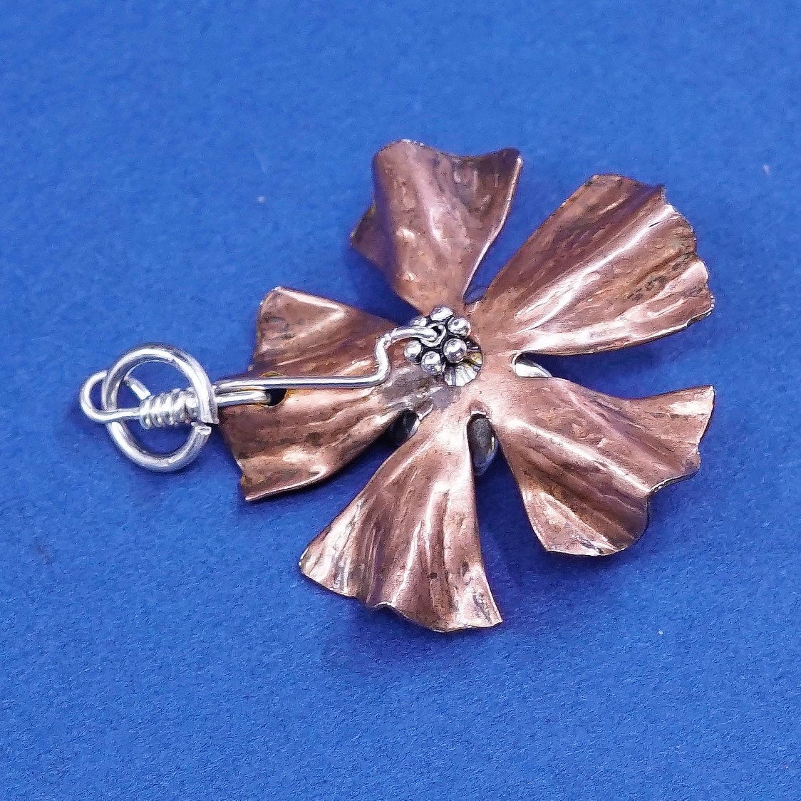 vtg copper handmade flower pendant w/ sterling 925 silver ring ruby crystal