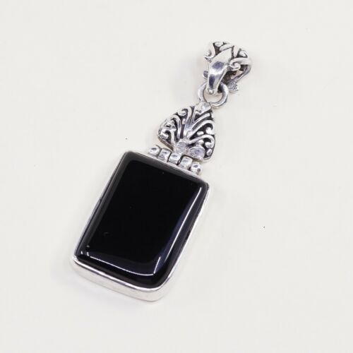 Vtg Sterling Silver Handmade Pendant solid 925 silver w/ Obsidian, stamped 925