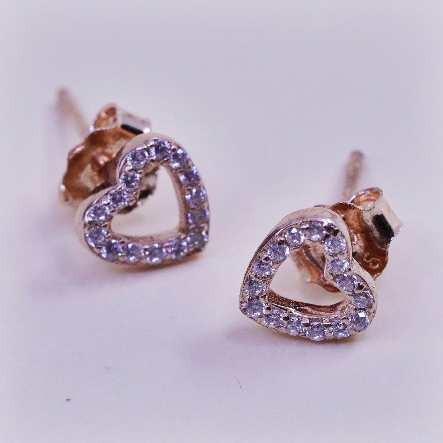 Vintage rose gold over sterling 925 silver heart cz studs, minimalist earrings