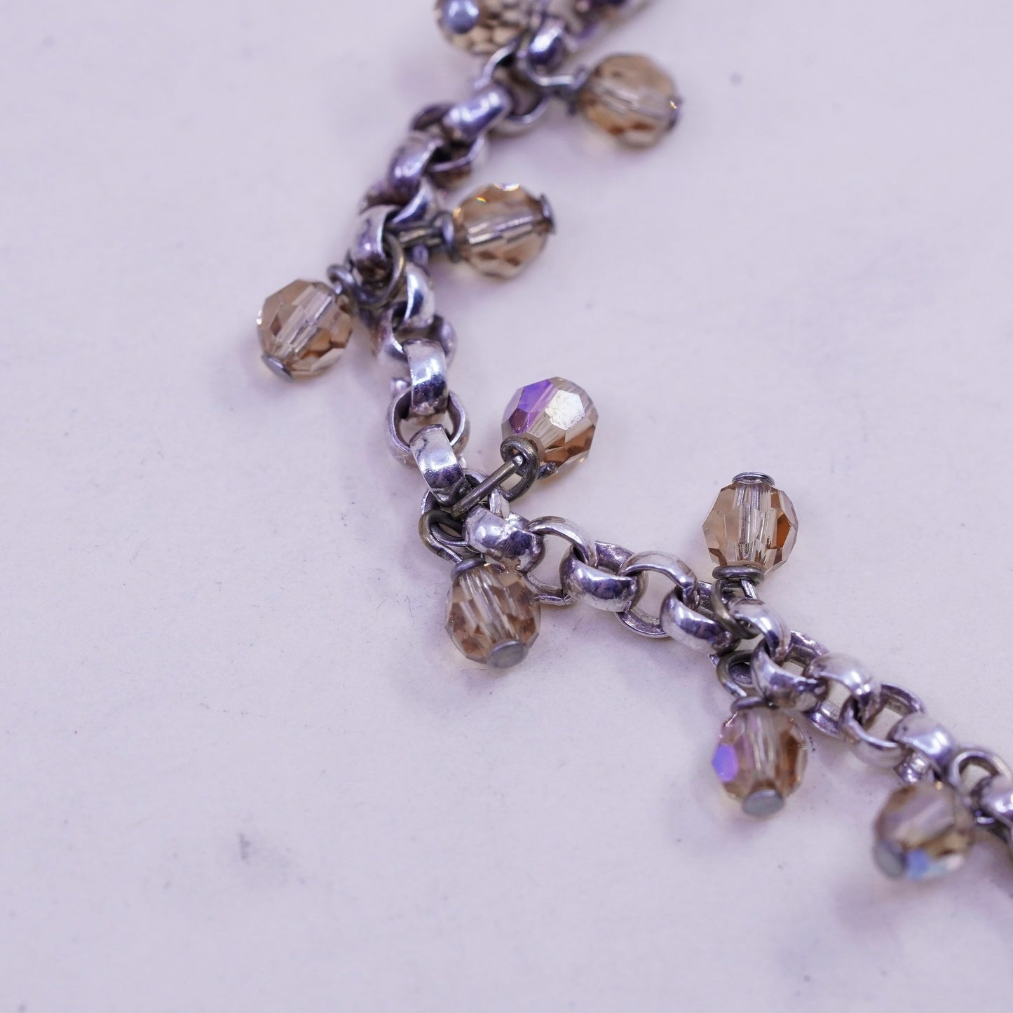 6.75”, Vintage KALAN sterling silver bracelet, 925 circle chain crystal charms
