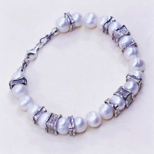 7.25” 9mm, Vintage handmade bracelet, freshwater pearl with 925 silver clasp