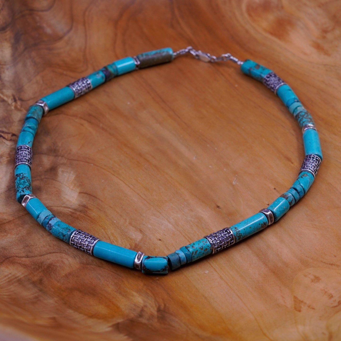 16”. Vintage Native American heishi handmade necklace with turquoise tube beads