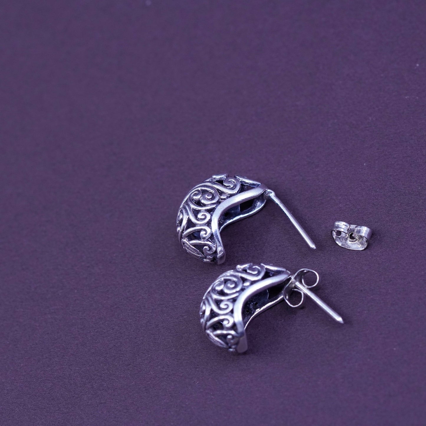 vtg Sterling silver handmade earrings, 925 huggie, hoops studs with filigree