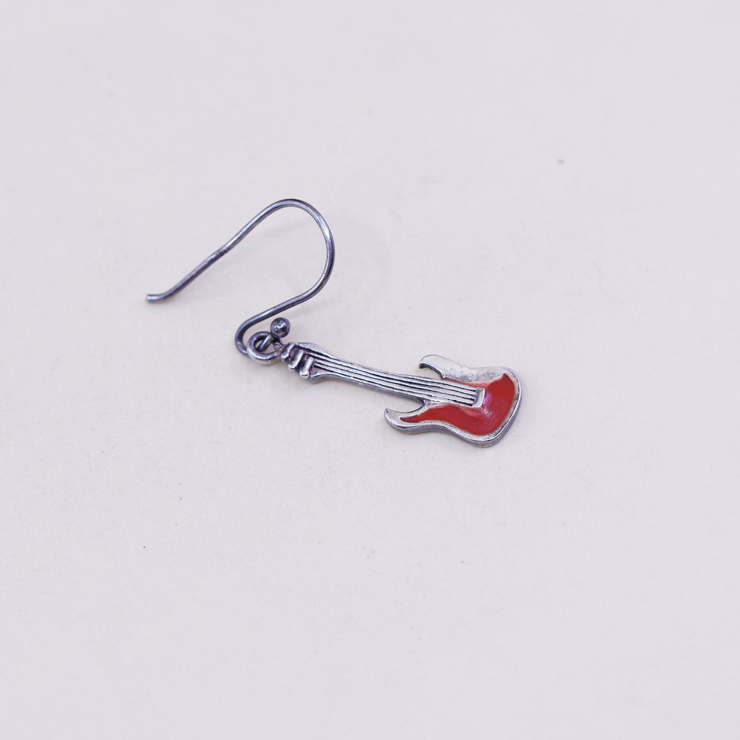 Vintage sterling silver handmade earrings, 925 guitar dangle and red enamel