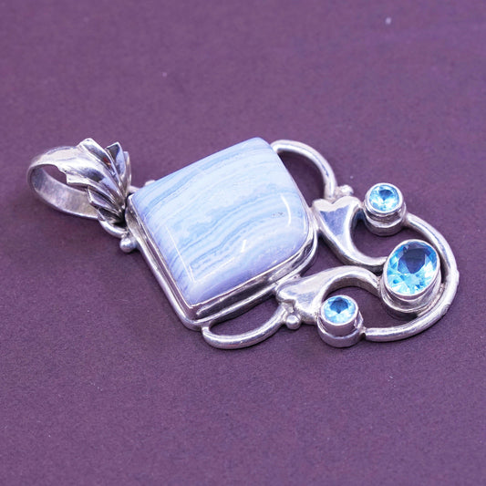 Southwestern Sterling silver handmade pendant, 925 with lace agate and topaz