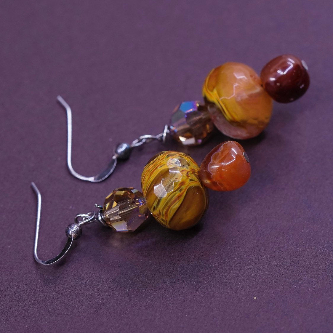 vtg Sterling silver handmade earrings, 925 w/ orange agate beads, Stamped 925