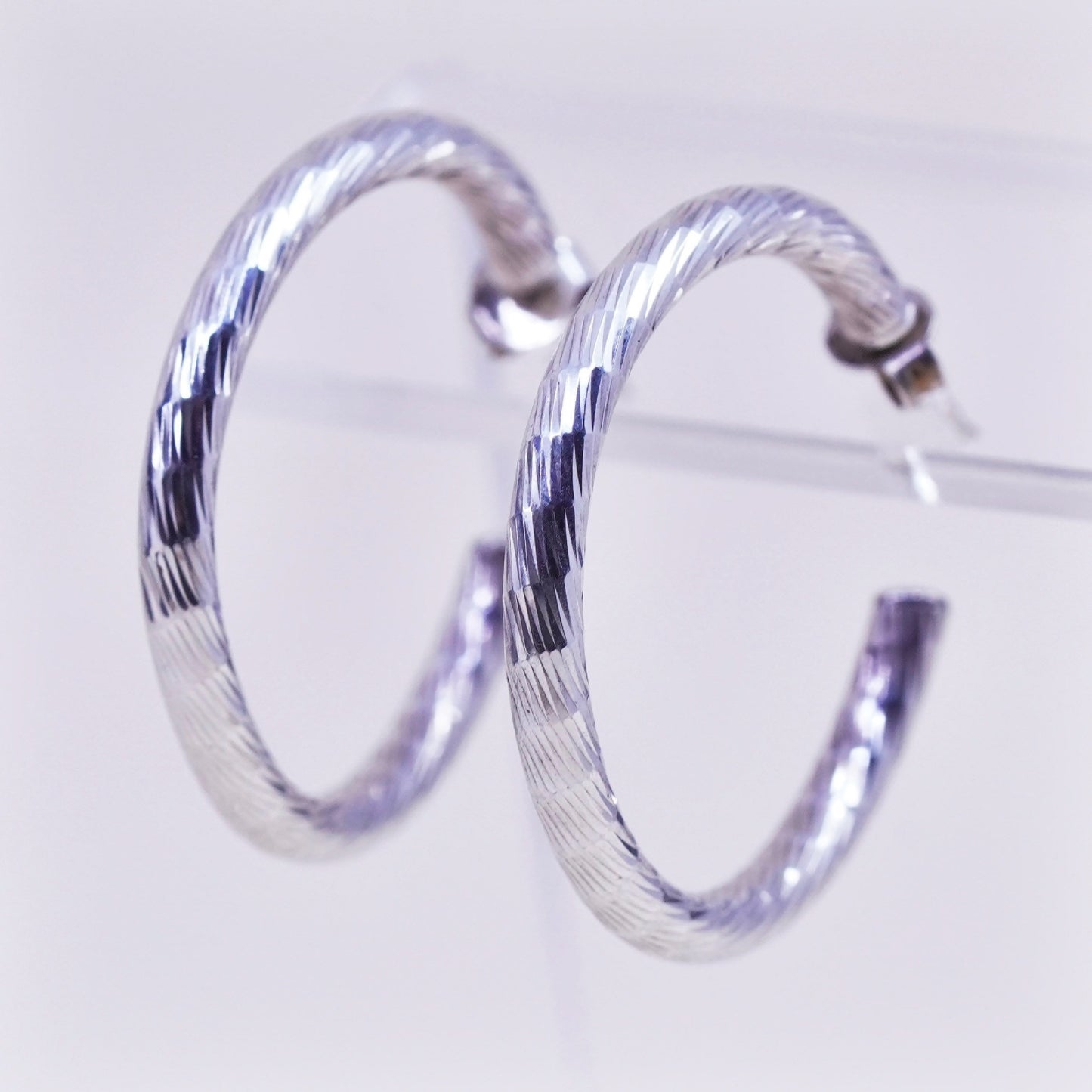 1.25” Vintage sterling 925 silver earrings, textured minimalist primitive hoops