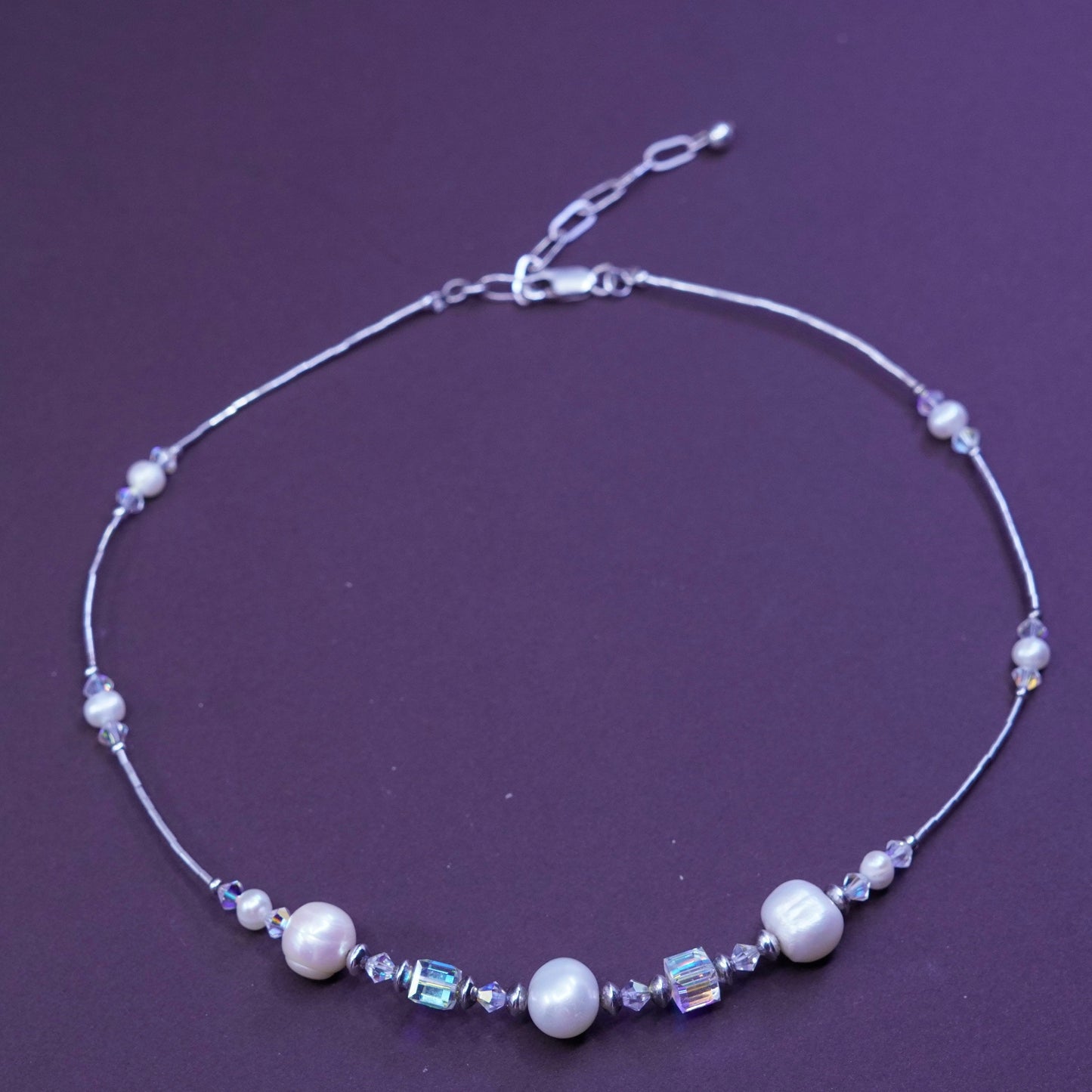 15+2”, Sterling 925 liquid silver handmade necklace freshwater pearl crystal