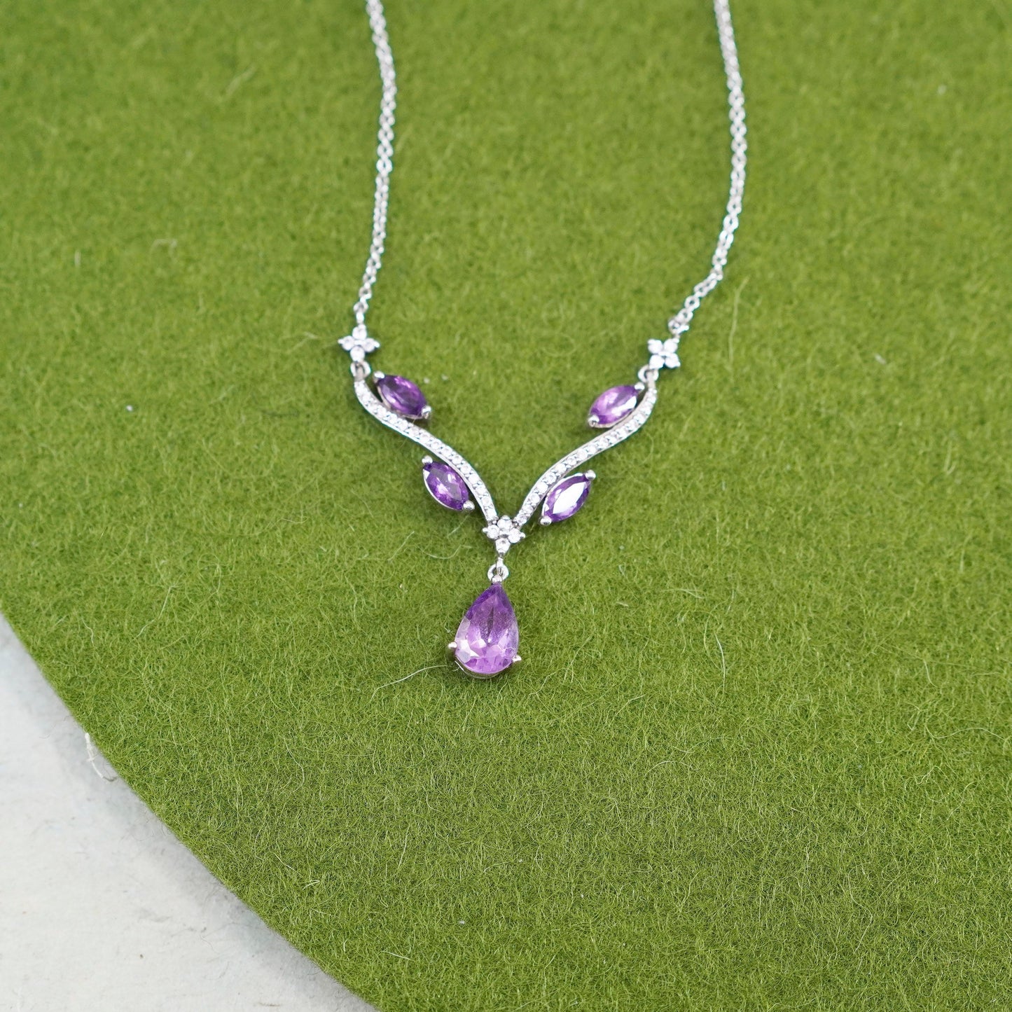 18”, Sterling silver necklace, 925 circle chain teardrop amethyst pendant