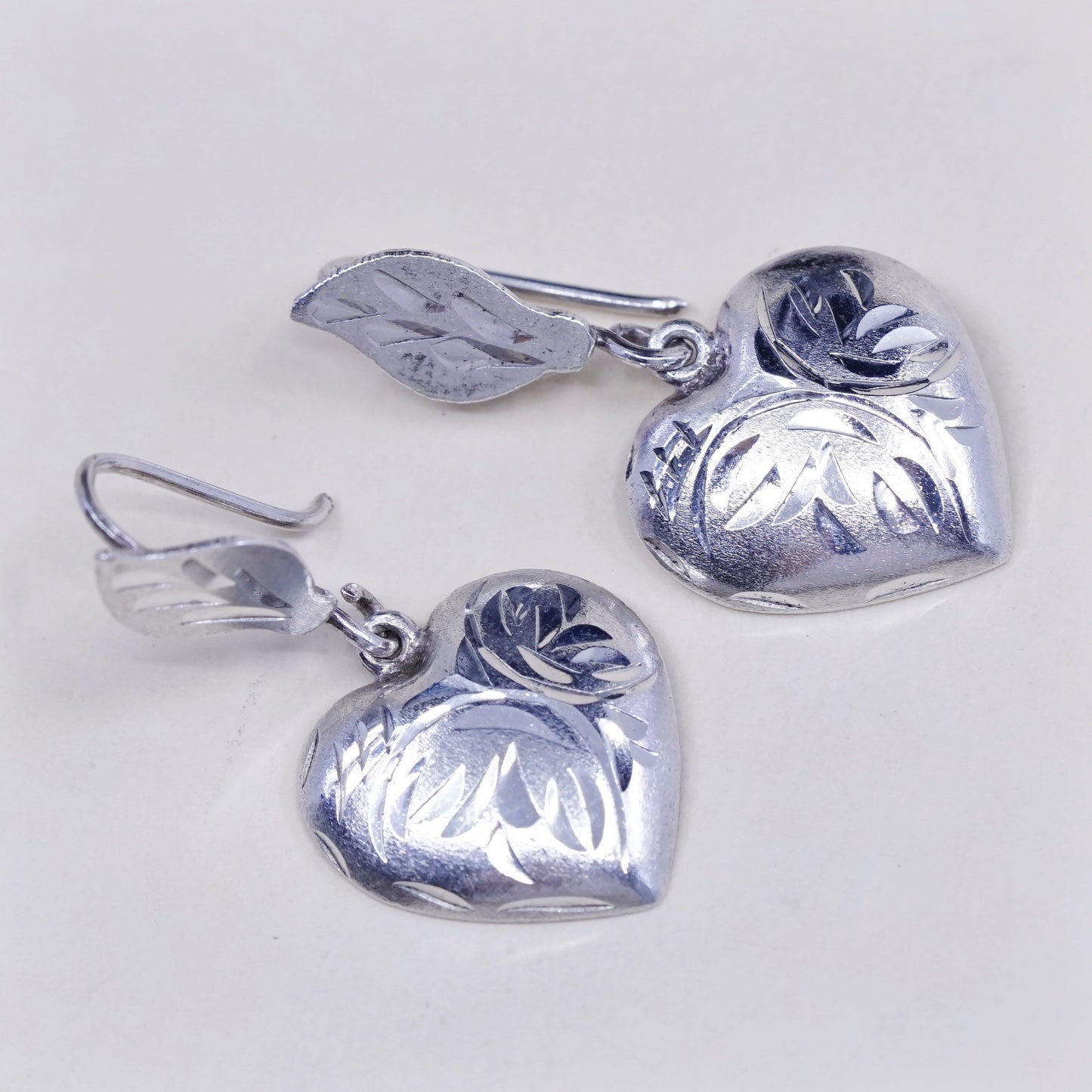 Vintage sterling silver heart shaped drop earrings, 925 textured heart
