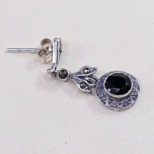 Vtg Sterling silver earrings w/ Obsidian Drop N Marcasite Details, 925