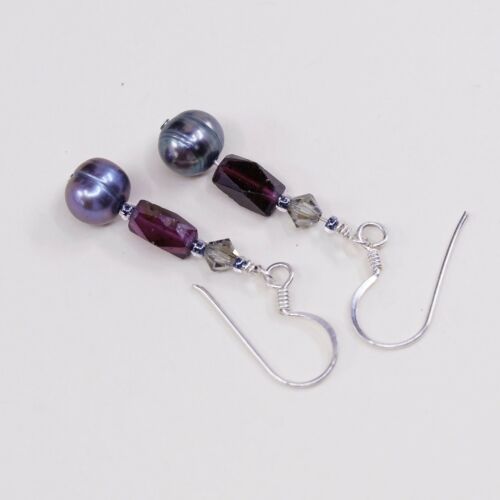 Vtg STERLING SILVER earrings with pearl N Ruby dangles stamped 925