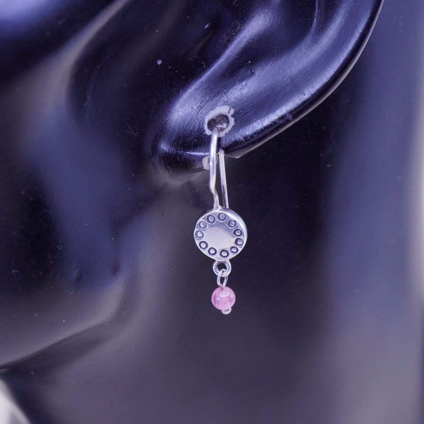 Sterling silver handmade earrings, modern 925 circle disc dangles pink quartz