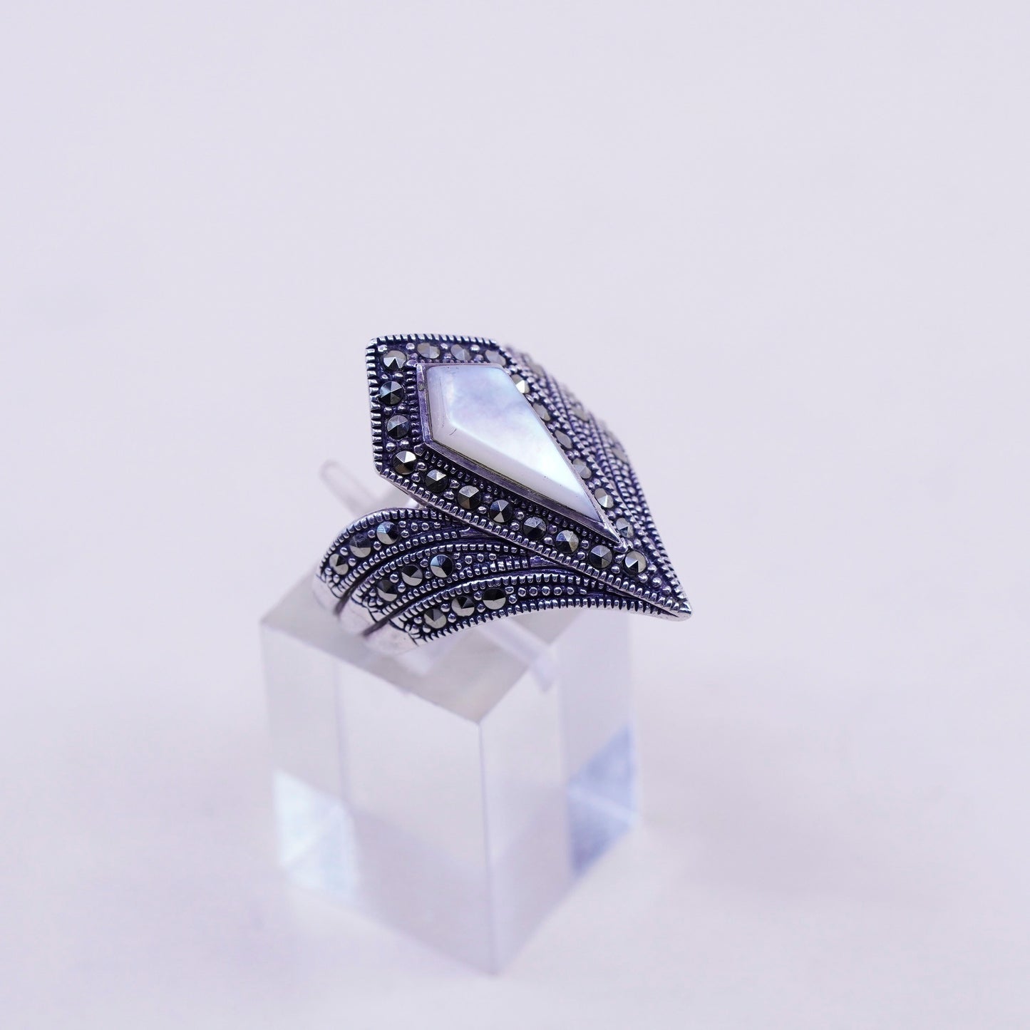Size 7.75, sterling silver Southwestern 925 ring mother of pearl marcasite