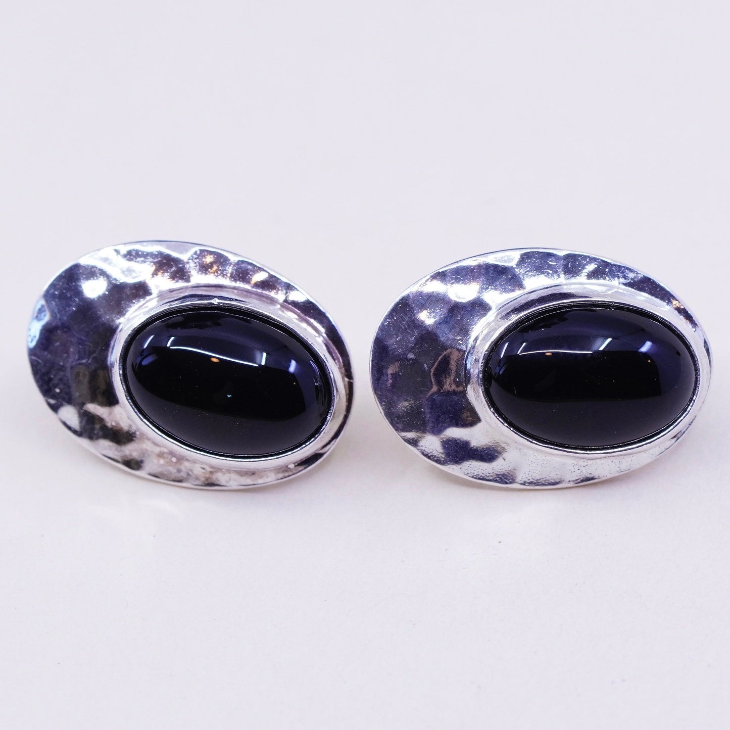 vtg Shube Sterling silver handmade earrings, 925 hammered stud oval obsidian