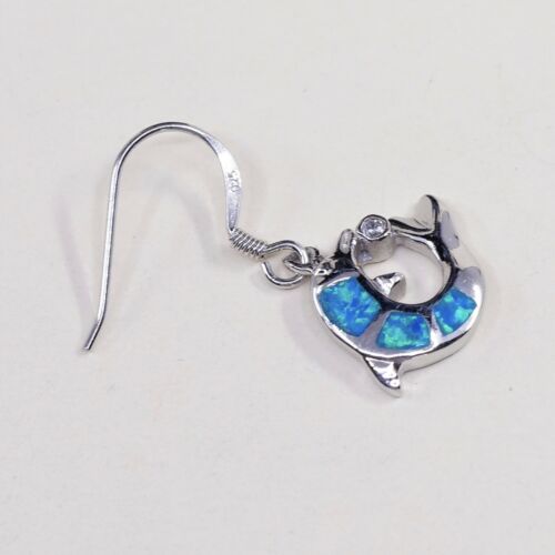 Vintage Sterling 925 Silver Handmade Dolphin dangle earrings W/ Opal Inlay