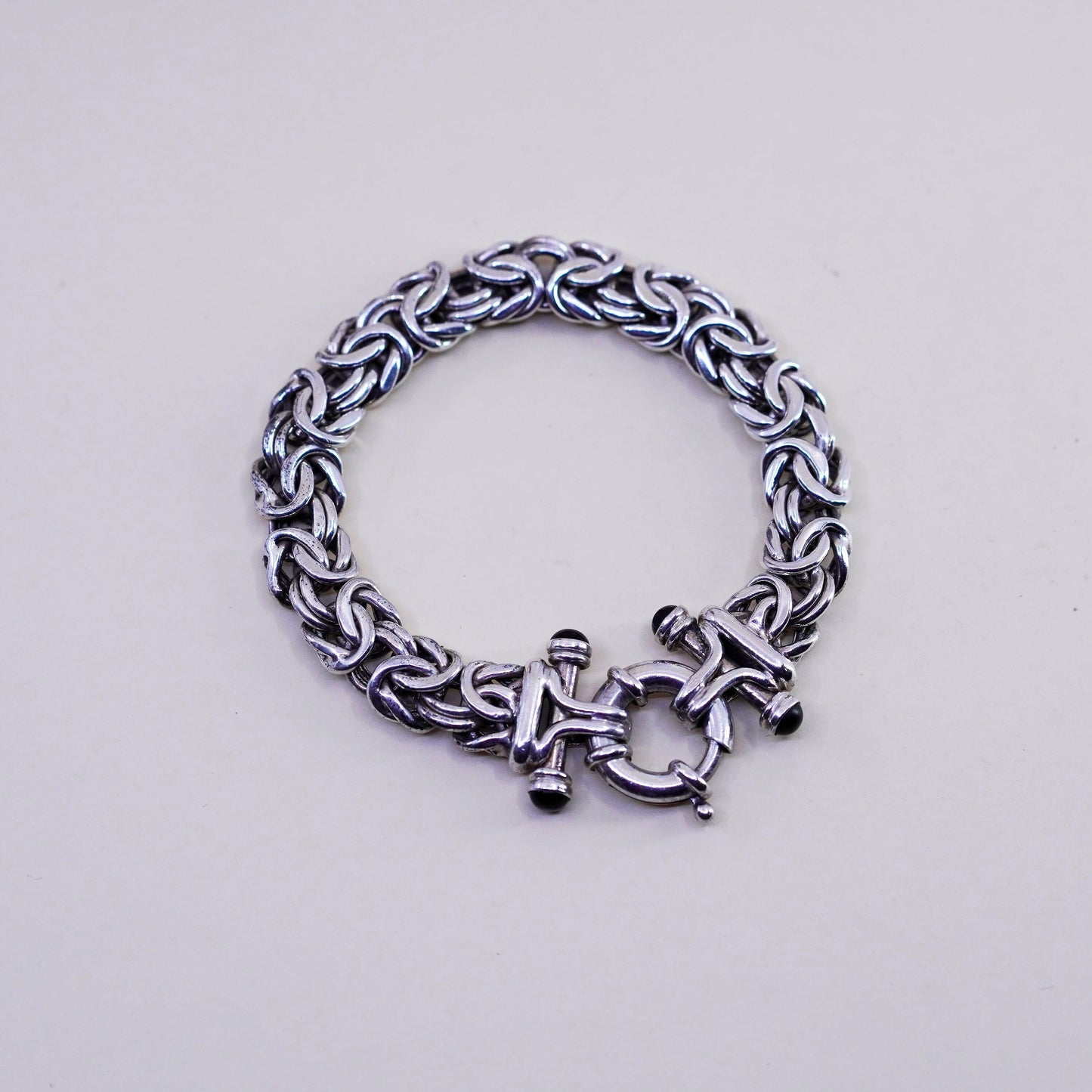 7”, vtg bold Sterling silver handmade bracelet, 925 Byzantine, birdcage chain