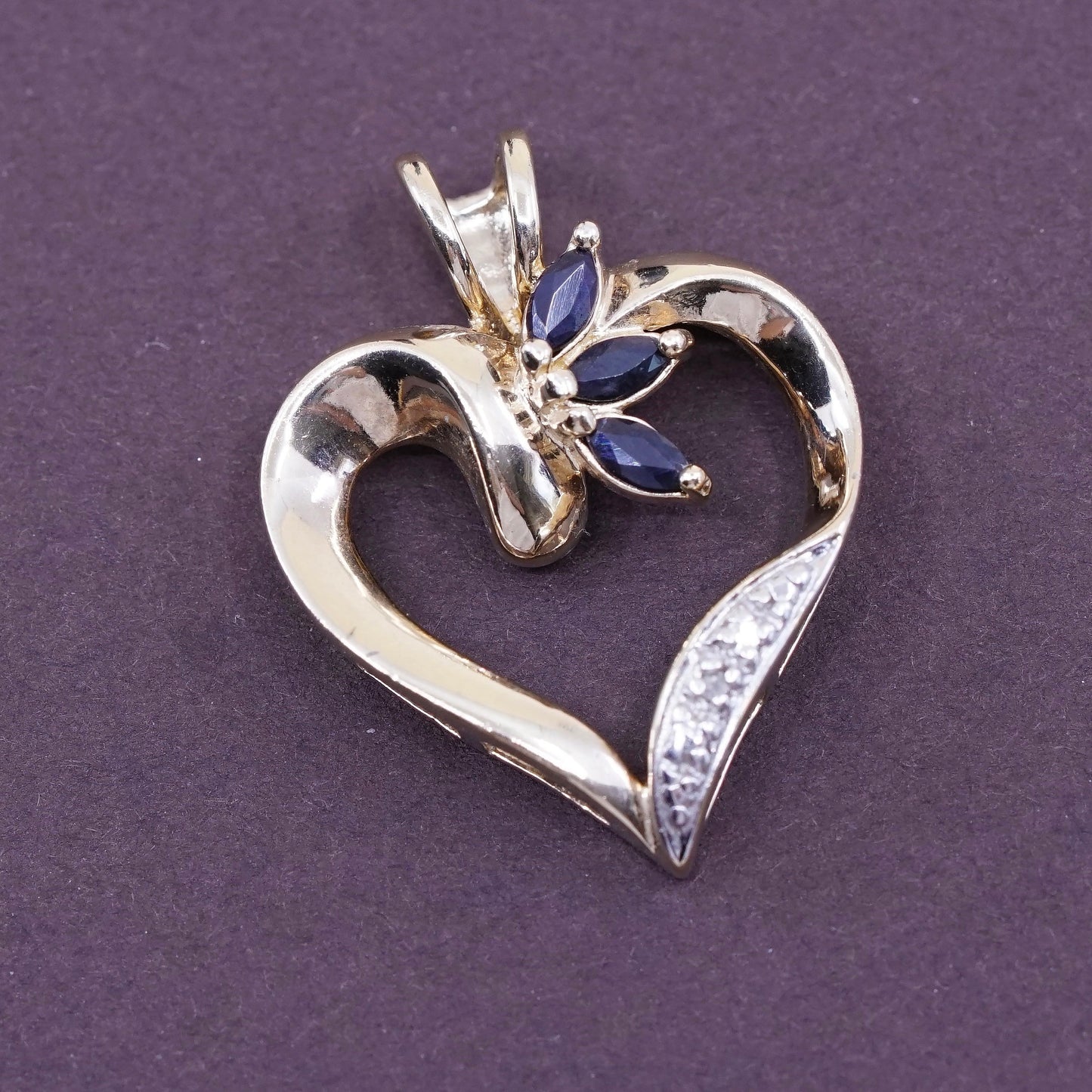 vtg vermeil gold over sterling 925 silver pendant, heart w/ sapphire N diamond