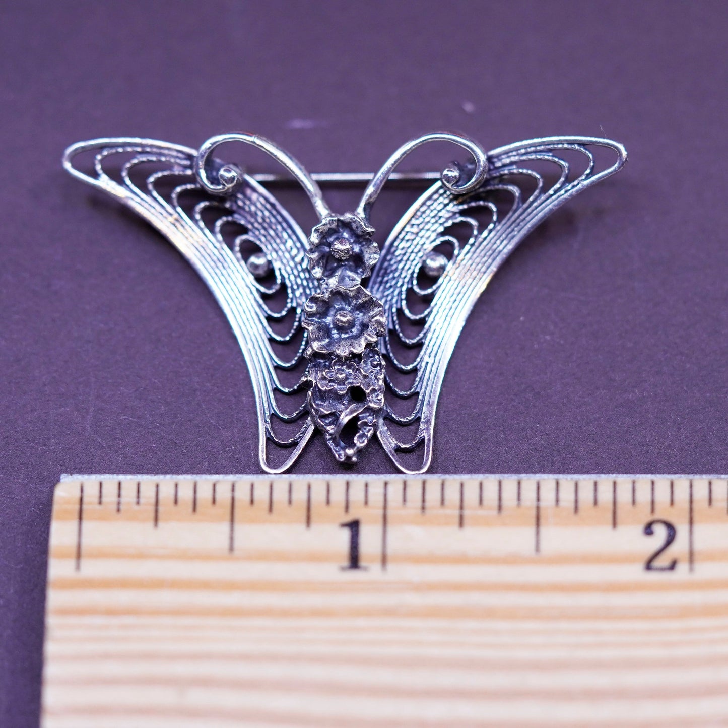 Vintage handmade sterling 925 silver filigree butterfly brooch