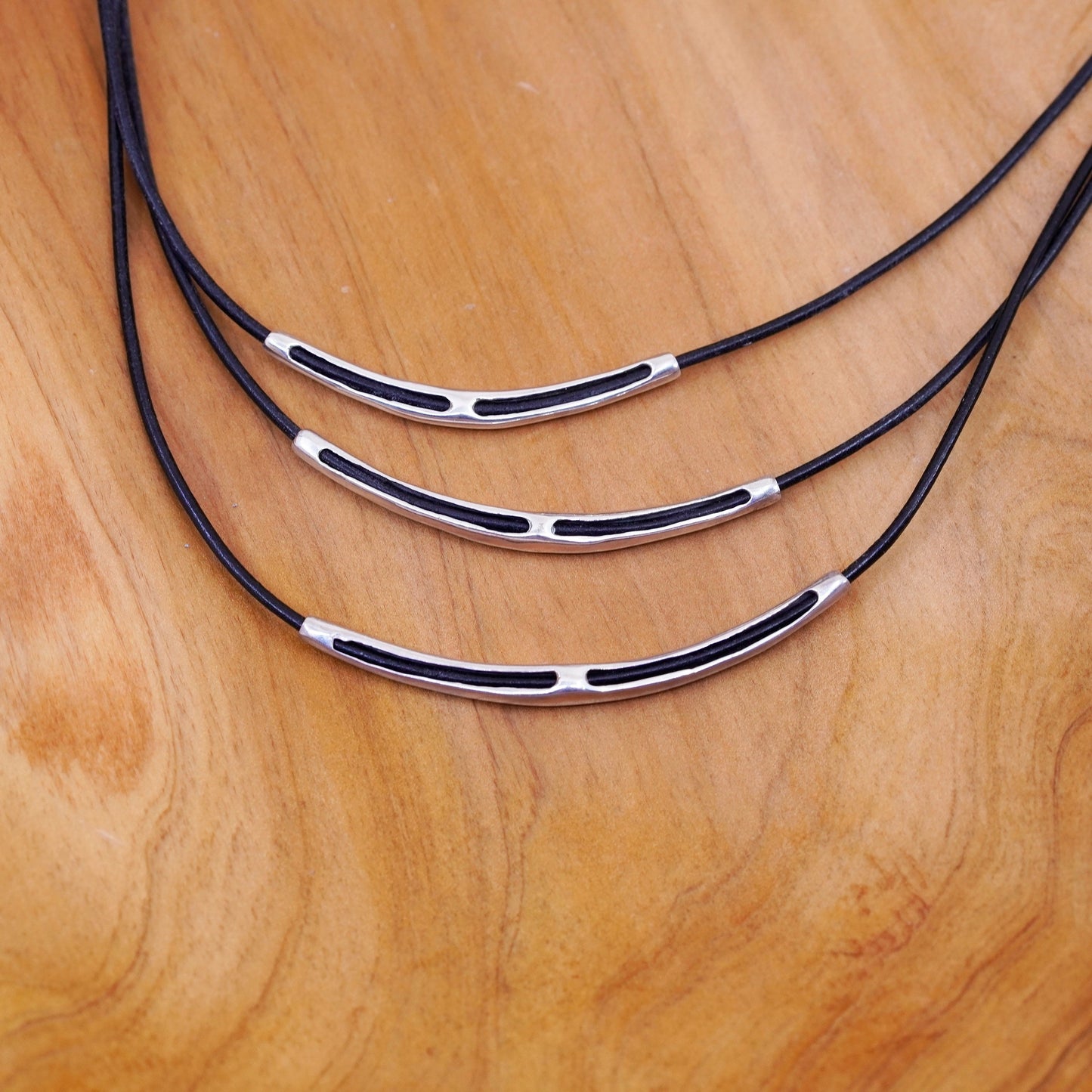 16+2”, Silpada Sterling 925 Silver Black Leather Cord 3 Bar Necklace N1571