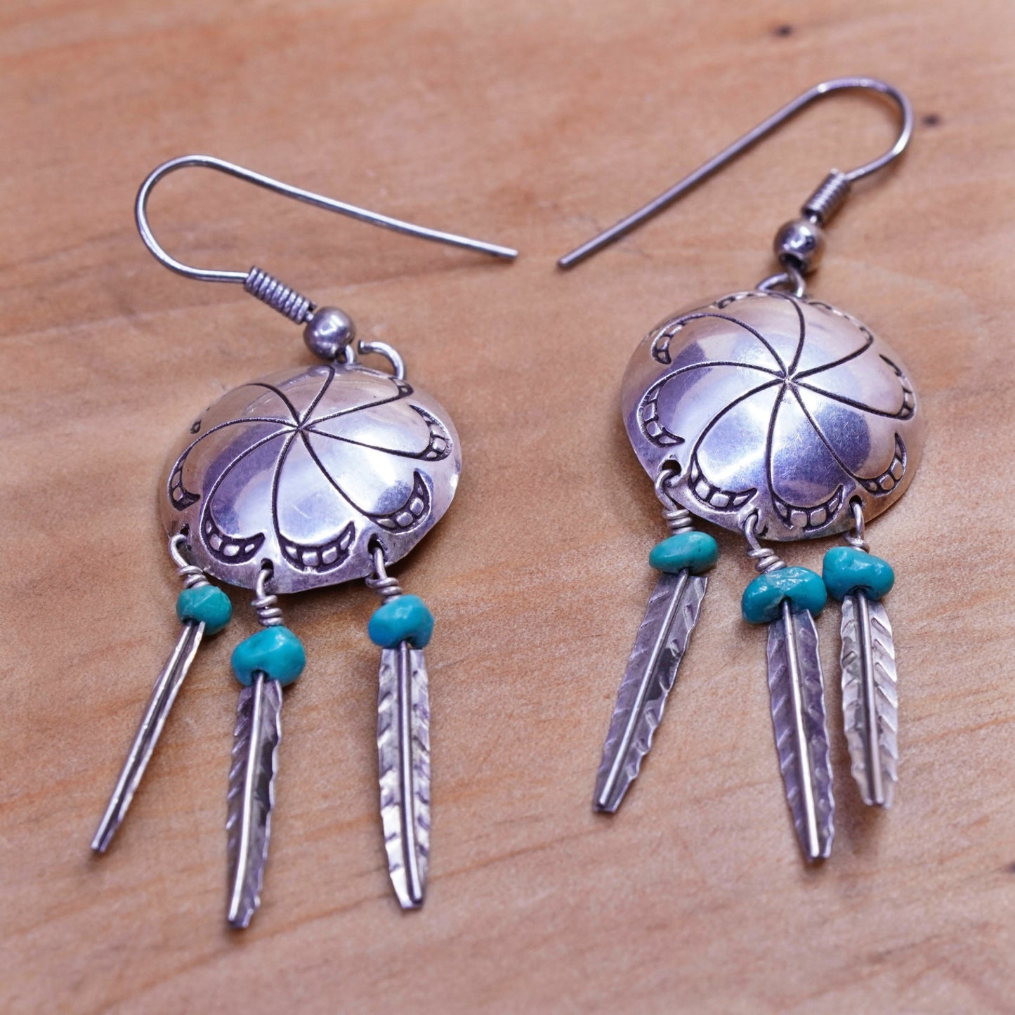 Vintage Sterling 925 silver handmade disc earrings with turquoise and feather