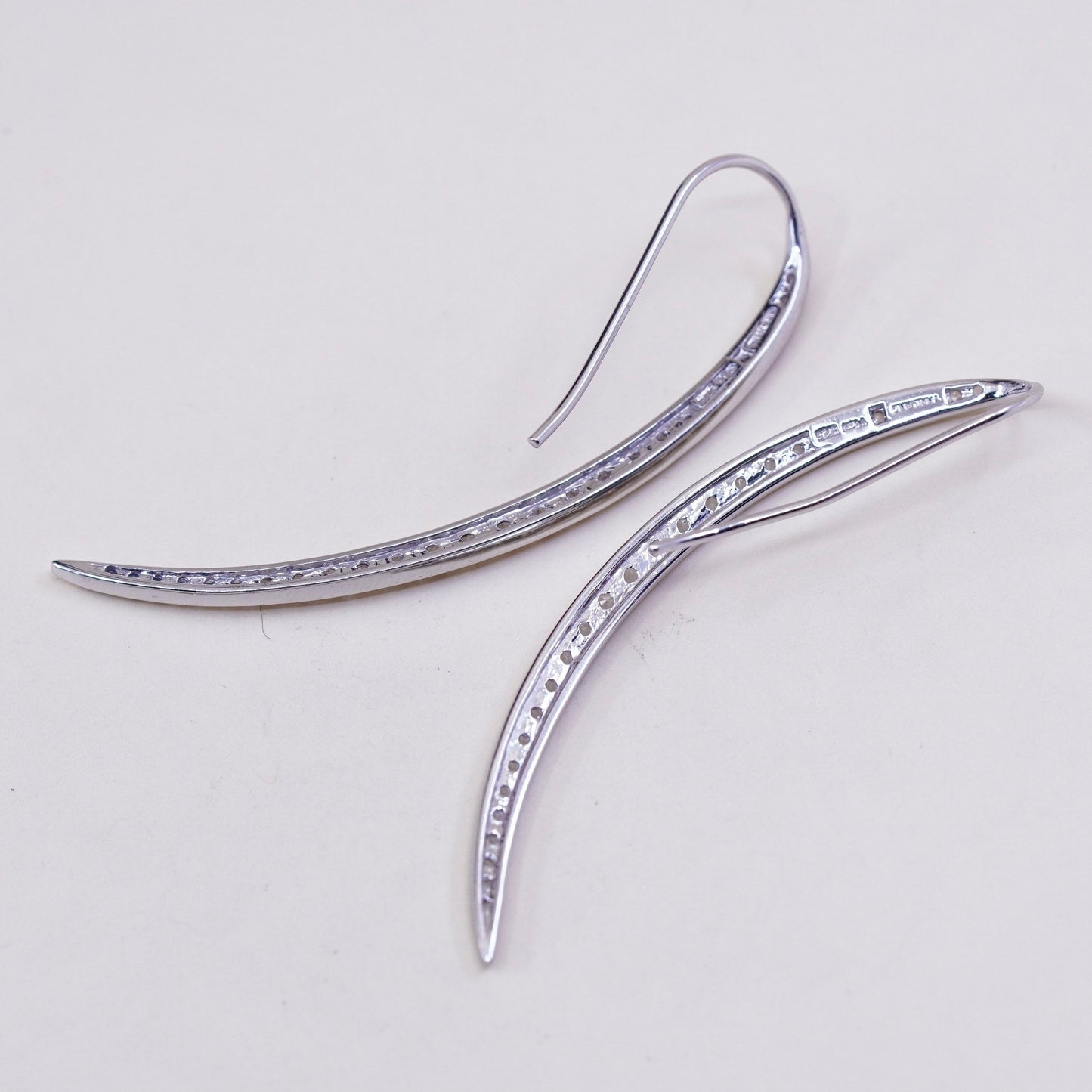 Vintage sterling silver extra long earrings, modern 925 silver curve with Cz