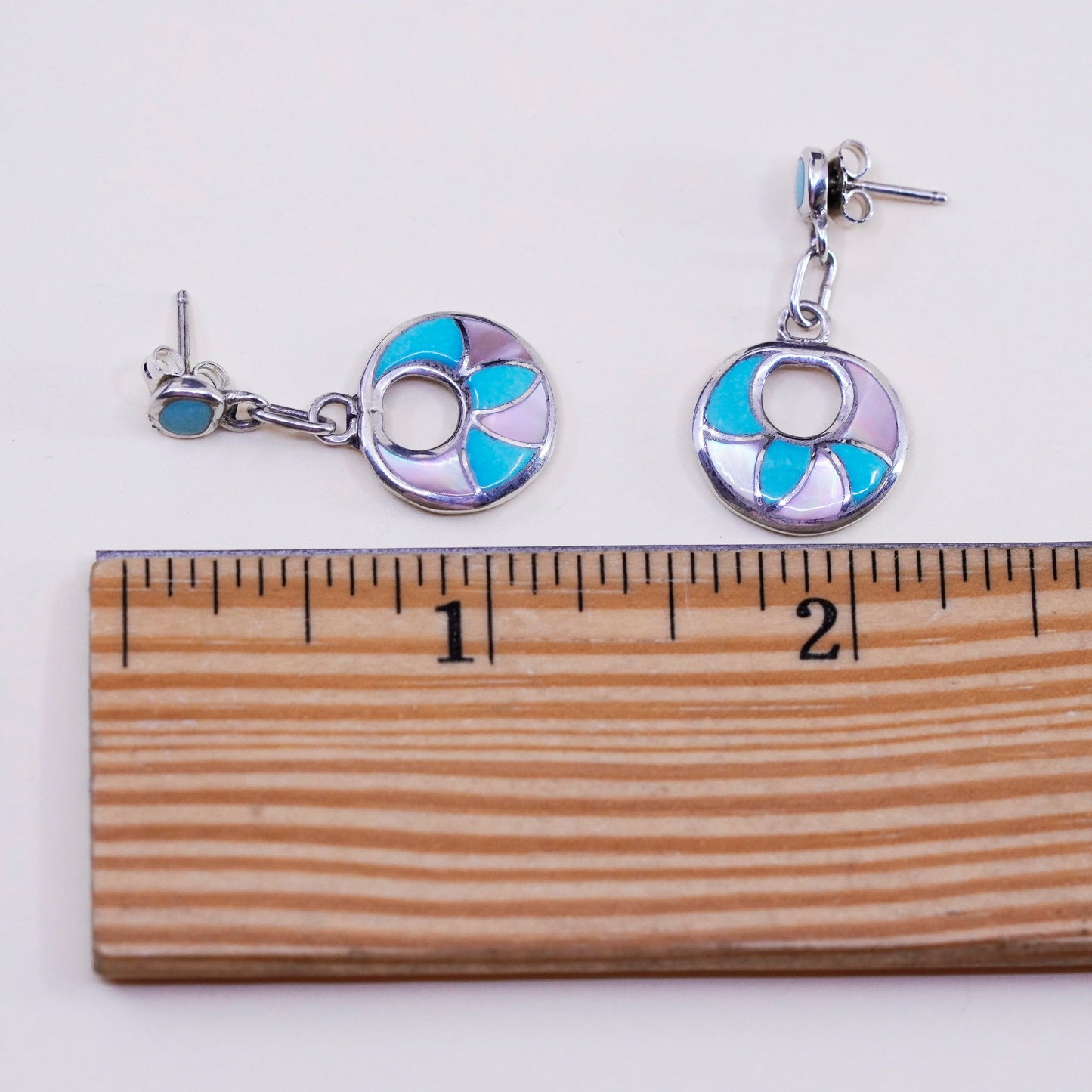 Native American Dennis Nancy Sterling silver circle earrings turquoise MOP