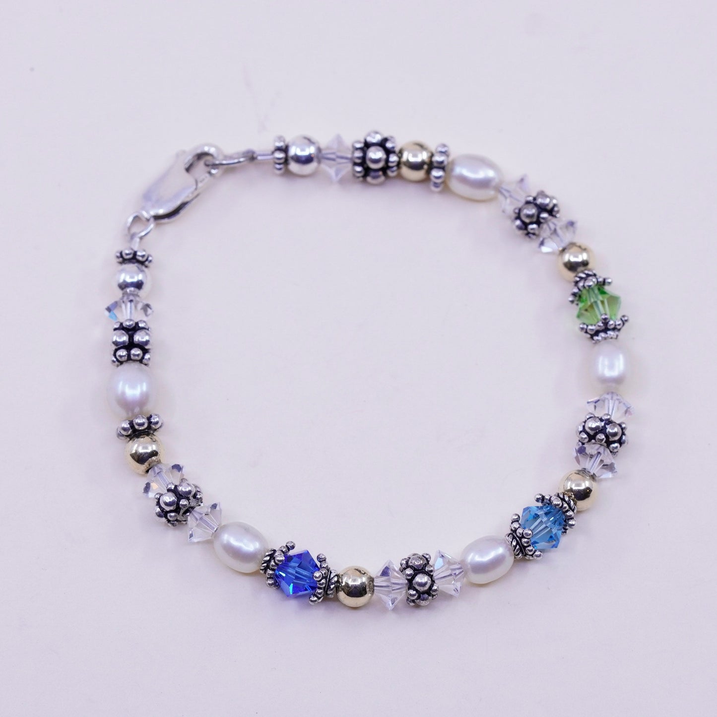 6.75”, Vintage handmade bracelet, pearl crystal with 14K gold beads