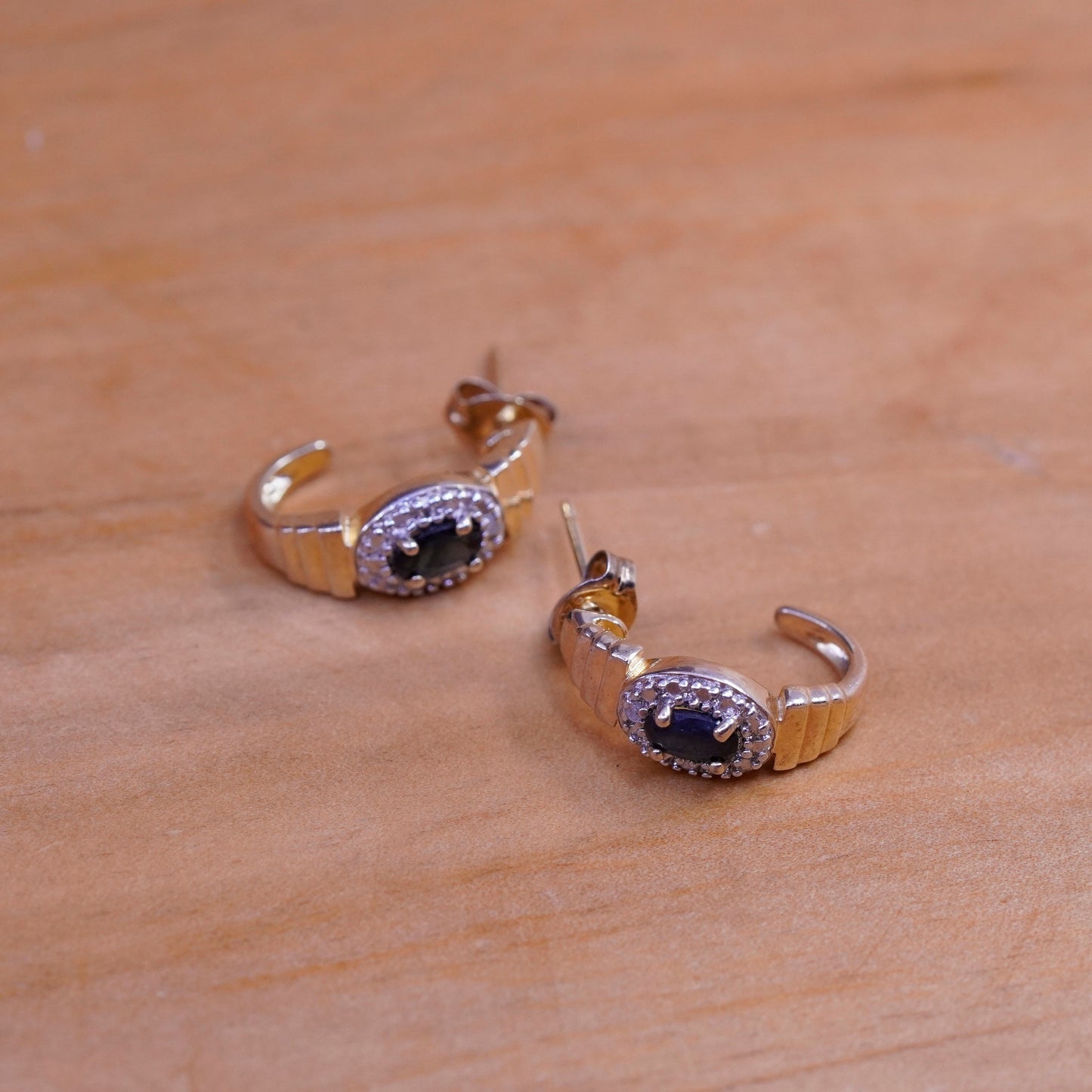 0.75”, vermeil gold Sterling silver earrings, 925 huggie studs sapphire diamond