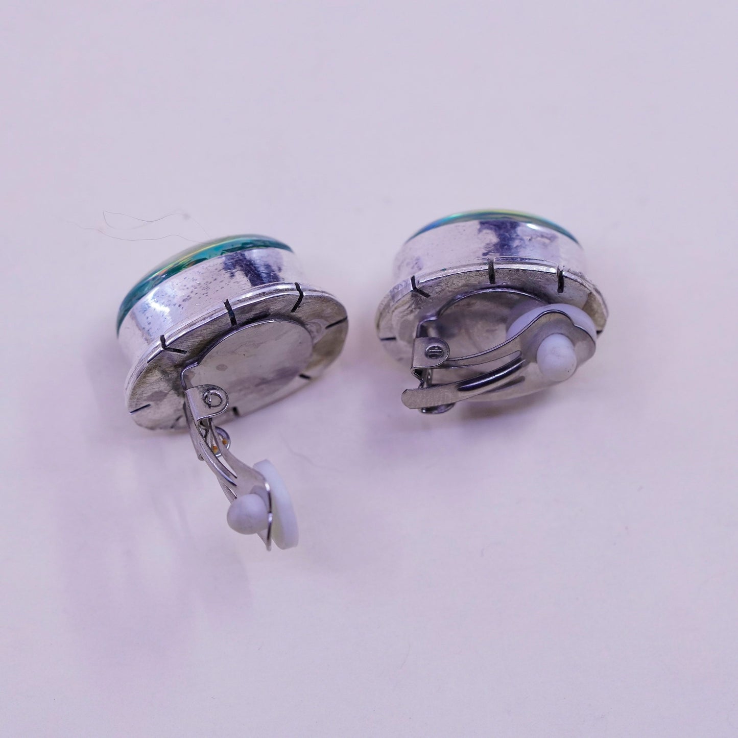 Vintage Sterling silver handmade earrings, 925 oval clip on green foiled glass