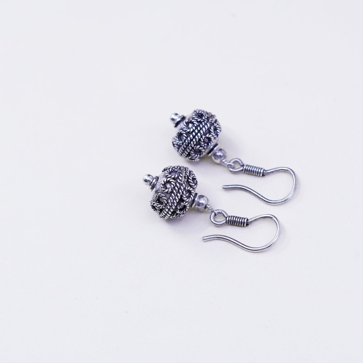 Vintage Sterling silver handmade Bali earrings, 925 swirl patterned bead