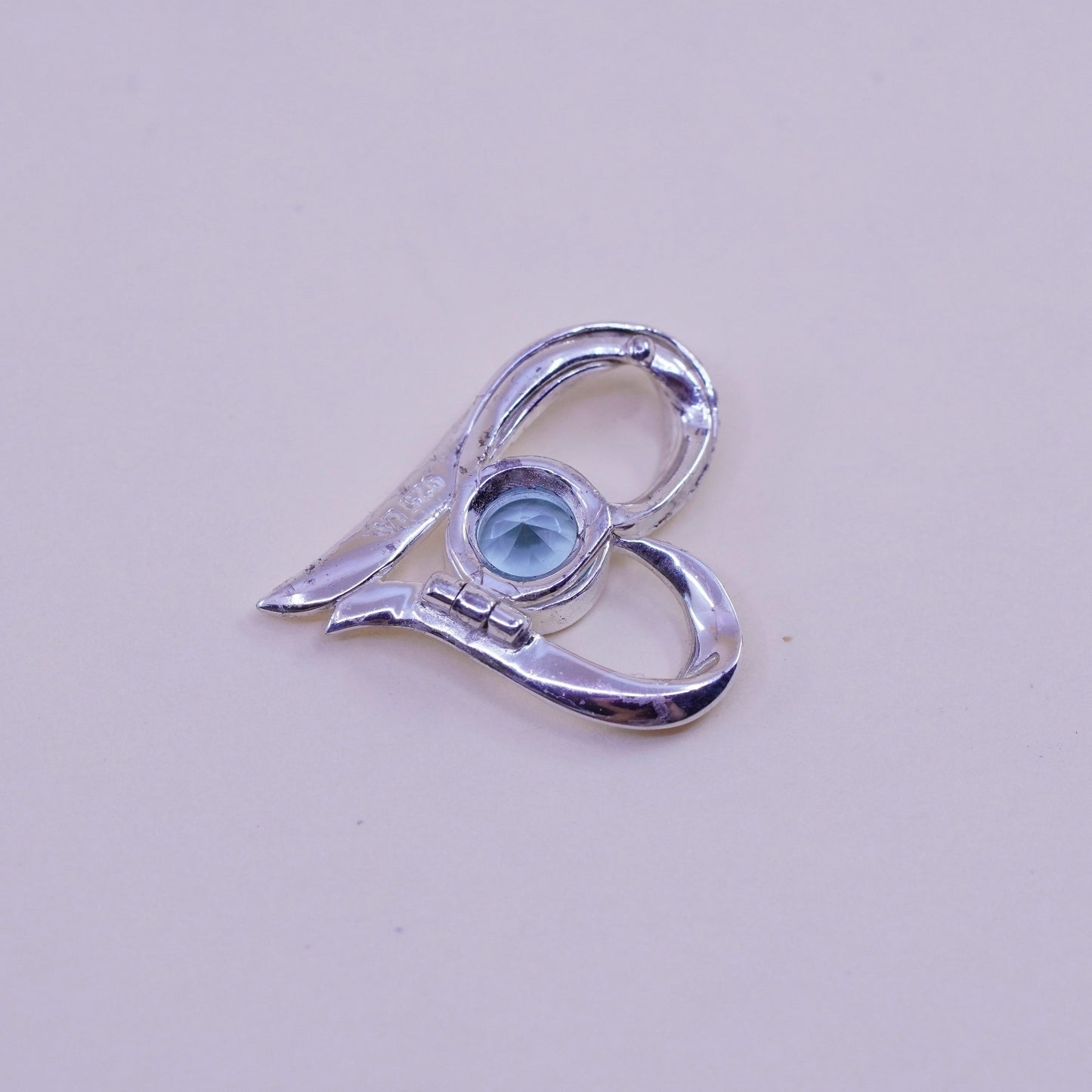 Vintage sterling 925 silver heart pendant with blue Cz