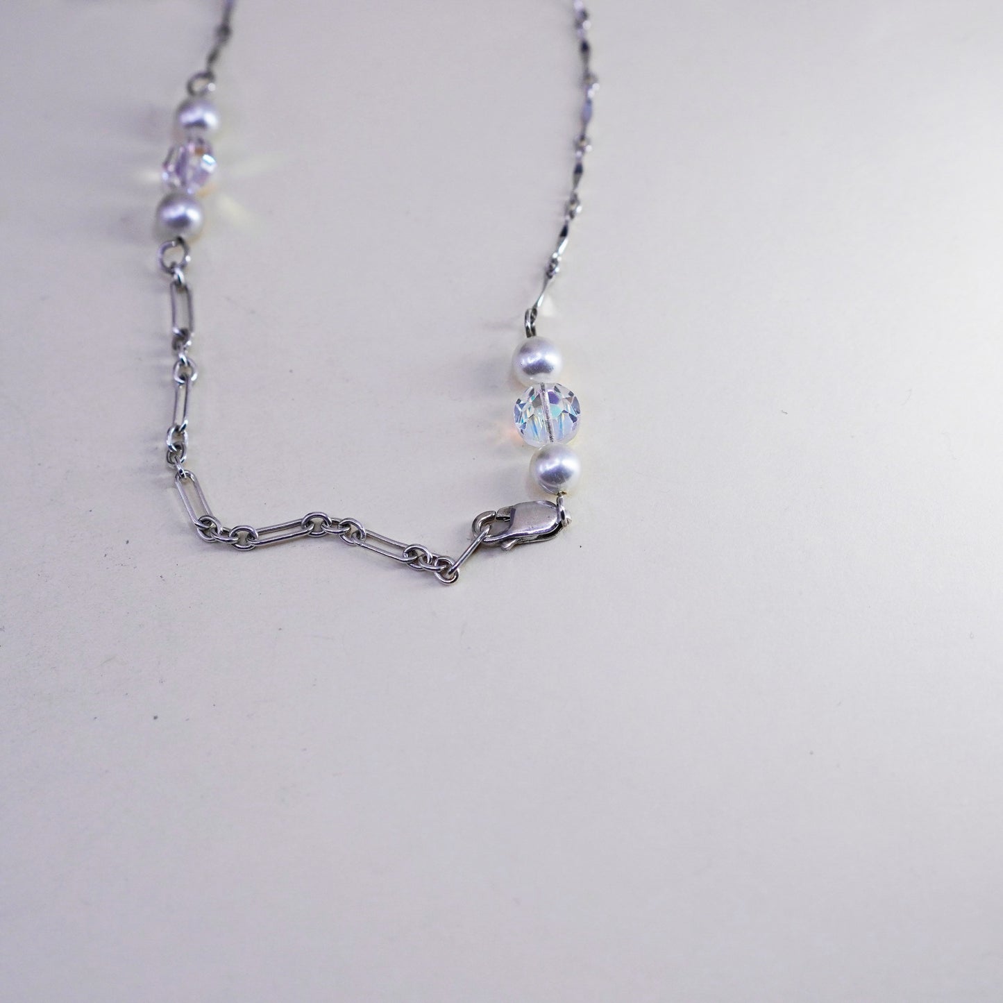 26” Sterling 925 silver handmade necklace, elongated chain pearl and crystal