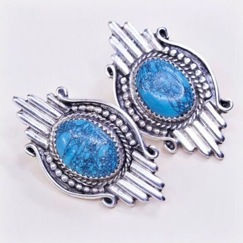 Navajo Jacob Kahe handmade Sterling 925 Silver Ribbed earrings W/ Turquoise