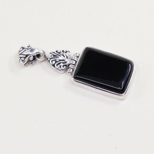 Vtg Sterling Silver Handmade Pendant solid 925 silver w/ Obsidian, stamped 925