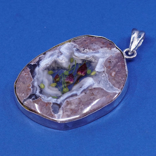 vtg Sterling silver handmade pendant, 925 pendant w/ agate N resin flower