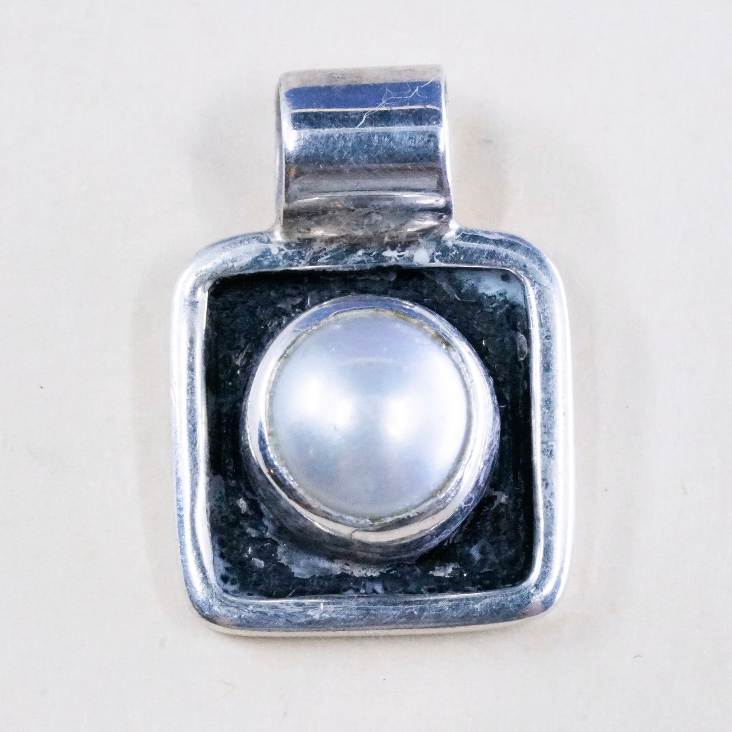 Vintage Mika handmade sterling 925 silver Square pendant with pearl