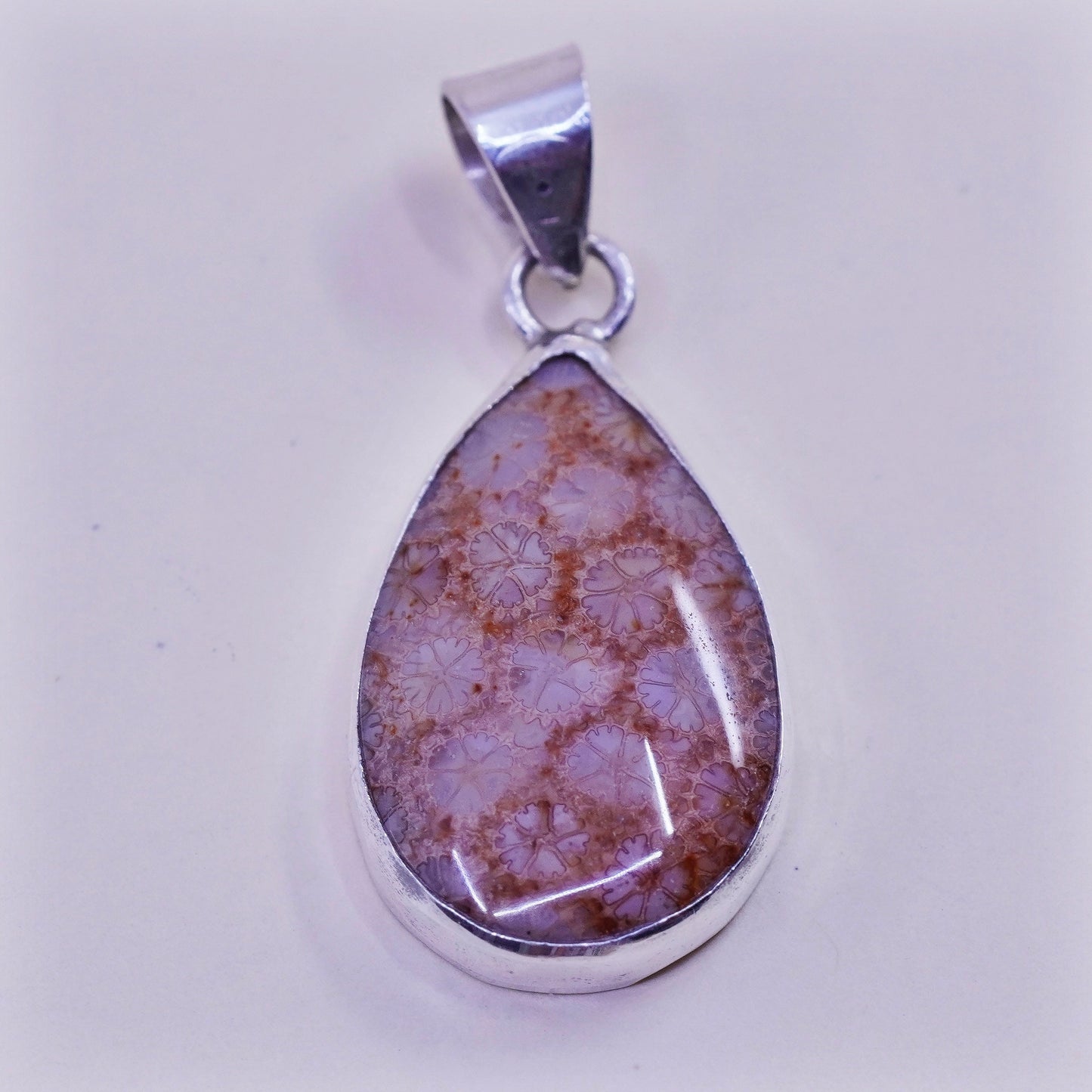 sterling silver handmade pendant, Native American, 925 teardrop fossil coral