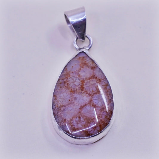 sterling silver handmade pendant, Native American, 925 teardrop fossil coral