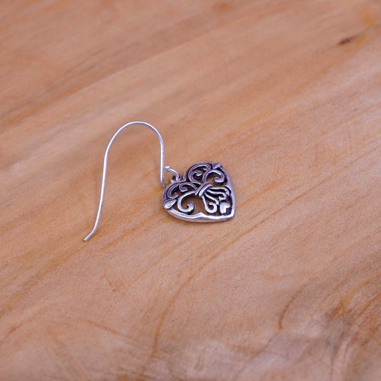 Vintage Sterling silver handmade earrings, 925 filigree heart drops