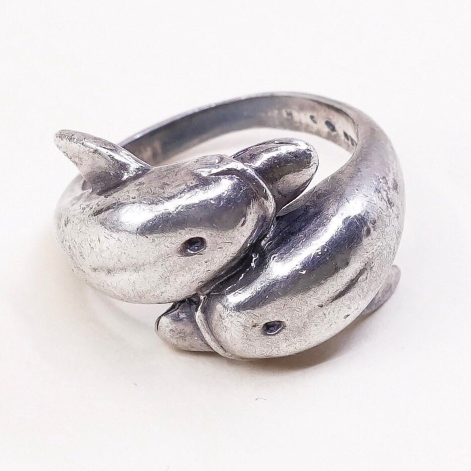 Size 5.5, vtg sterling silver handmade ring, 925 silver handmade dolphin ring