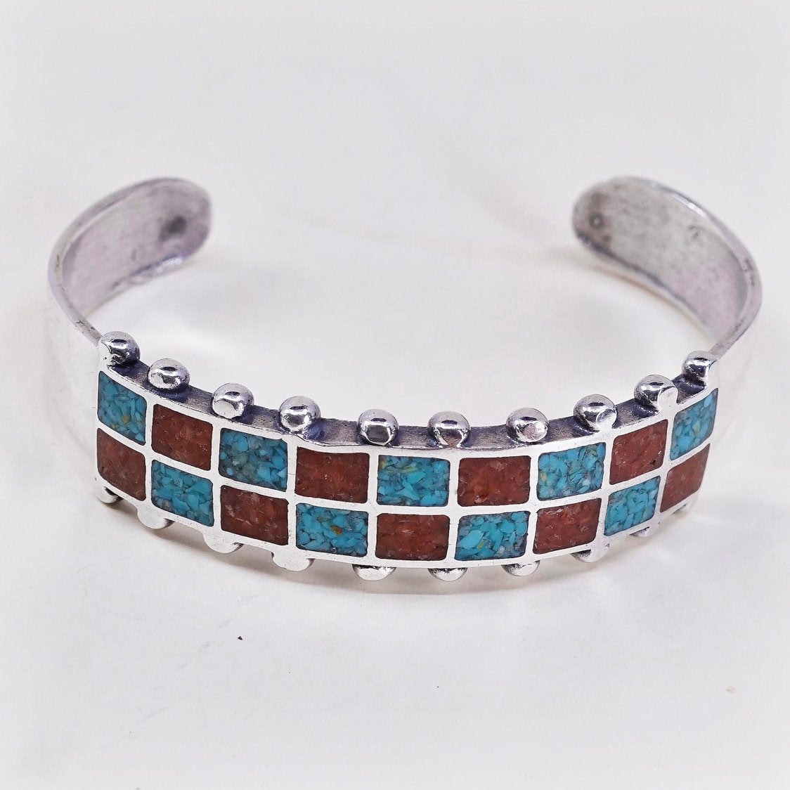 6.5", VTG mexico sterling silver cuff w/ turquoise and coral, handmade bracelet