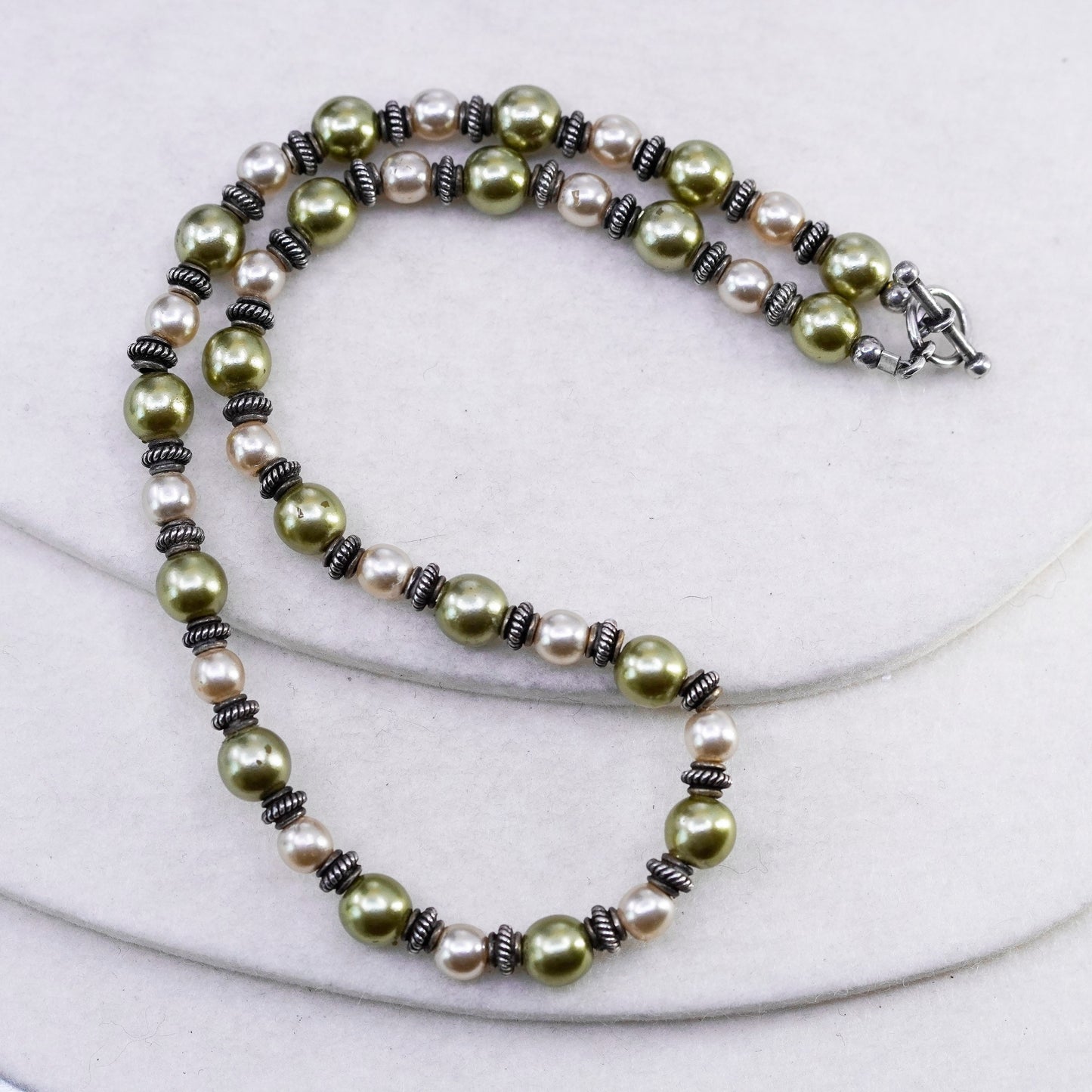 16”, vintage 8mm green pearl necklace with Sterling 925 silver clasp