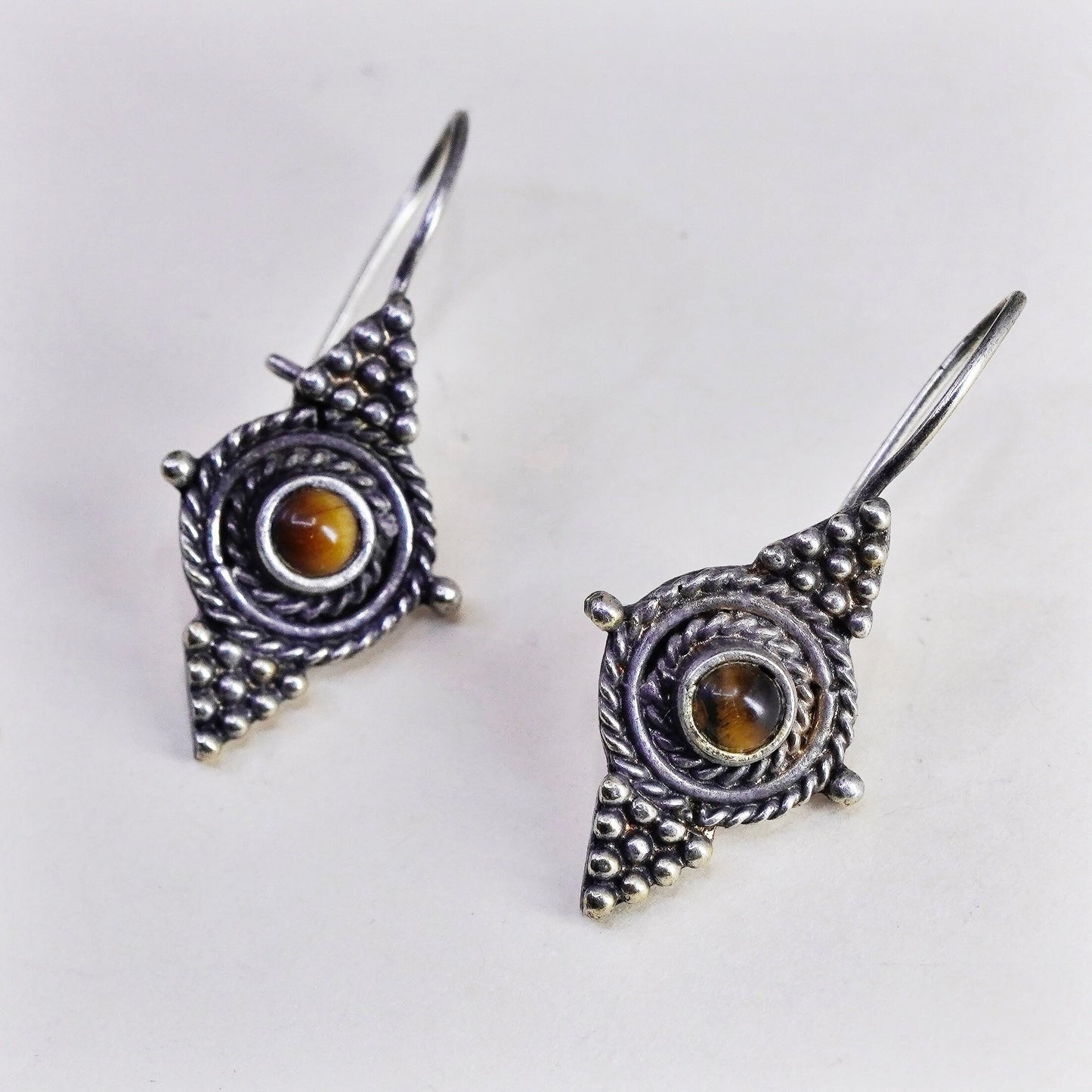 Vintage Sterling silver handmade earrings, 925 with tiger eye and beads