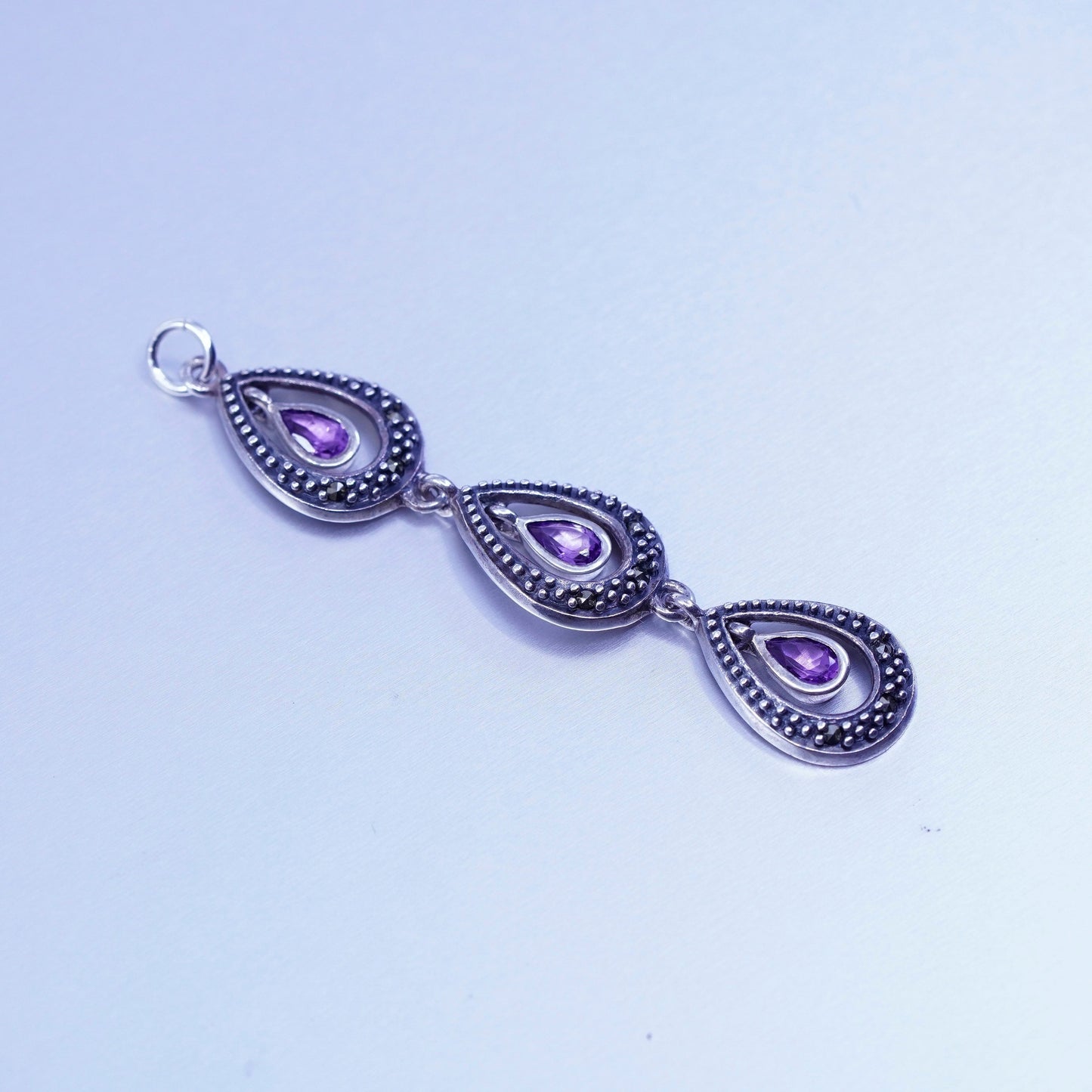 Sterling silver handmade charm, 925 teardrop pendant Marcasite and amethyst