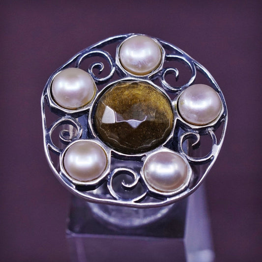 sz 9, JL Israel Sterling silver handmade ring, 925 flower w/ pear N smoky topaz